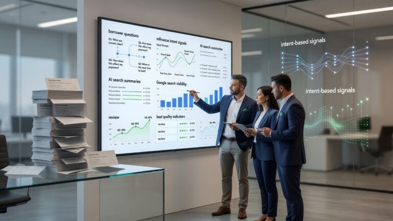 Mortgage marketing team reviewing refinance demand signals, AI search visibility, borrower intent, and lead quality instead of relying only on bought mortgage leads.