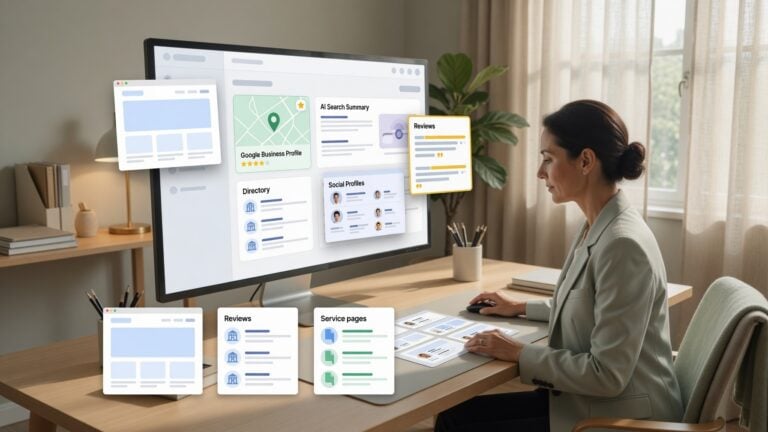 Asesor profesional revisando señales de visibilidad en línea en un sitio web, el Perfil de Negocio de Google, un resumen de búsqueda con IA, reseñas, directorios, perfiles sociales y páginas de servicios