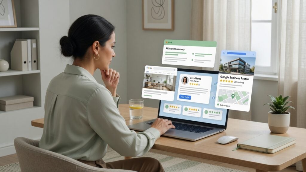 Propietario de una firma profesional revisando resultados de búsqueda, reseñas, Perfil de Negocio de Google, páginas de servicios, biografías y opciones de contacto antes de que un prospecto llame.