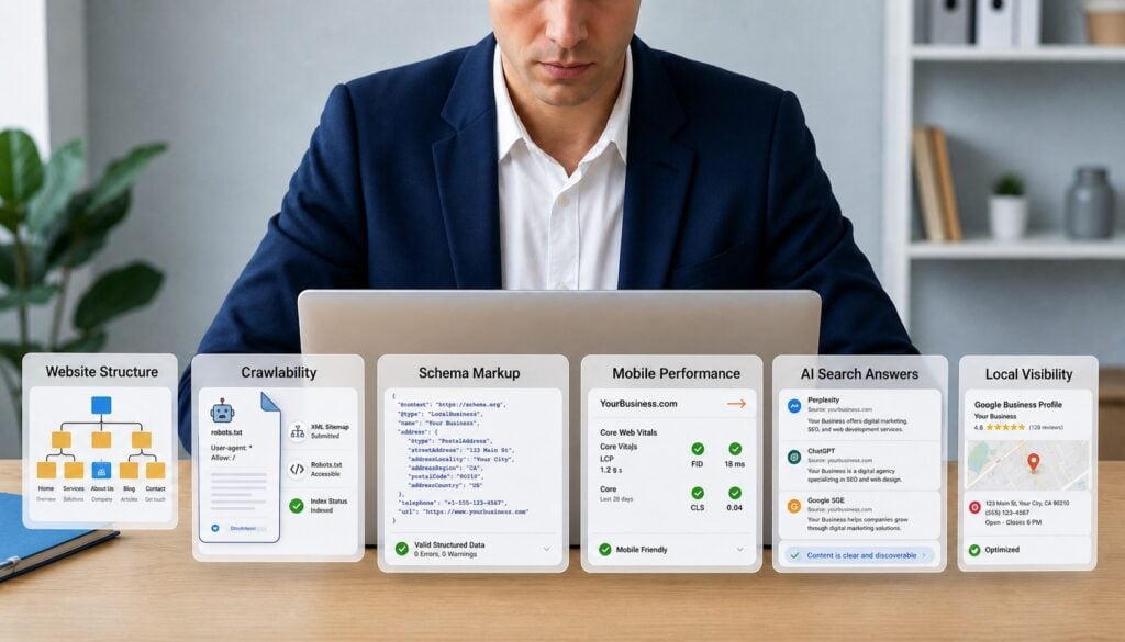 Corredor hipotecario revisando señales de SEO técnico, estructura del sitio web, schema, rastreabilidad, visibilidad en búsquedas con IA y claridad en la búsqueda local.